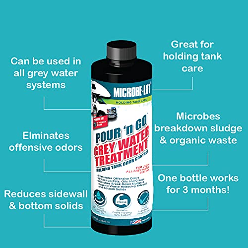 Microbe-Lift Pour N Go Rv Grey Water Holding Tank Treatment - 3 Month Supply - Dissolves Grease, Oils, Fats, Reduces Odors, 32 O