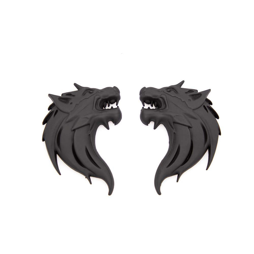 Carrun 2Pcs 3D Wolf Head Metal Emblem Car Motorcycles Side Fender Rear Styling Emblem Badge Decal (Black)