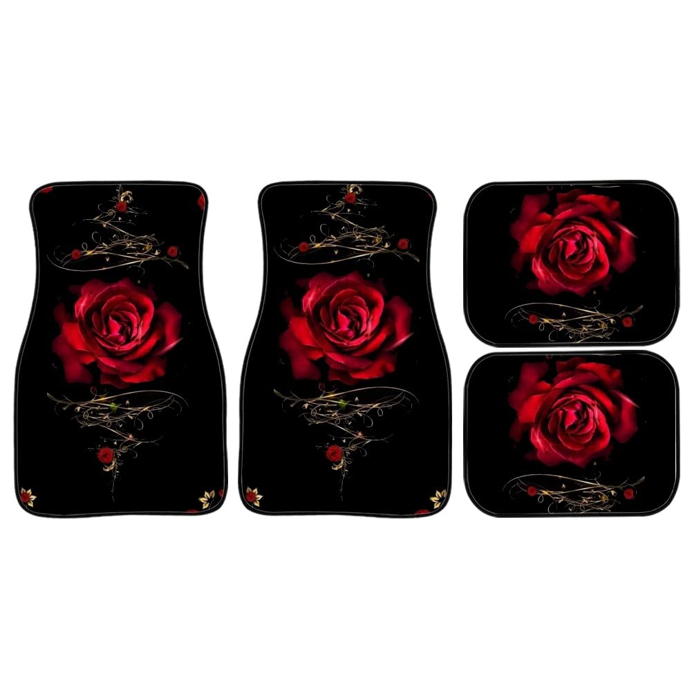 FUIBENG Red Rose Auto Floor Mat Floral Car Front & Back Floor Carpet Non Slip Anti Dirty Foot Pad Rug Automotive Rose Accessorie