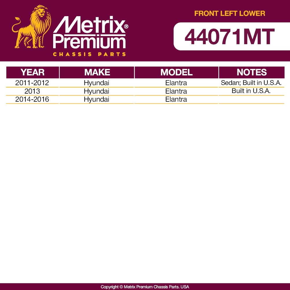 Metrix Premium Chassis Parts - Front Left Lower Control Arm W Ball Joint & Bushing Assembly Fits 2011-2016 Hyundai Elantra, Repl