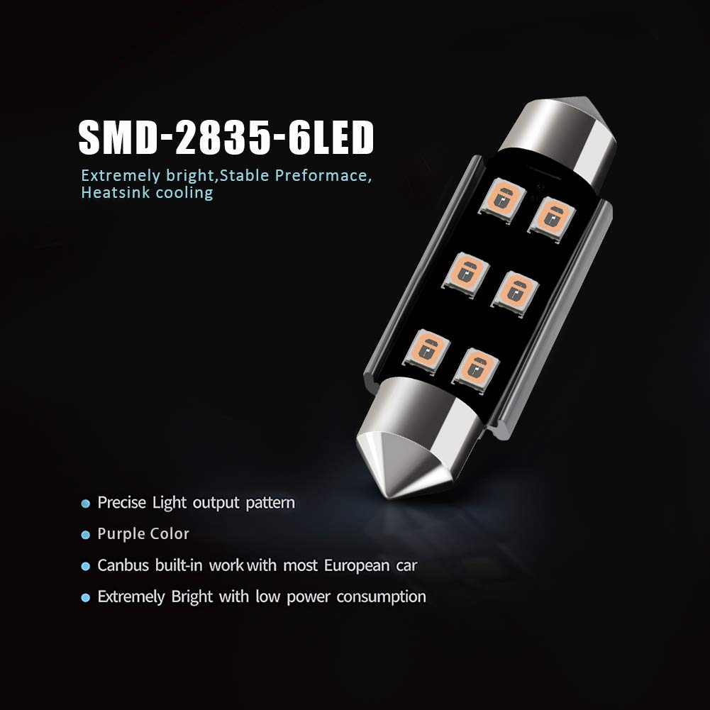 Auxlight 211-2 212-2 578 569 214-2 41Mm 1.61   Festoon Canbus Error Free Led Interior Light Bulbs Purple, Super Bright 6Smd Chip