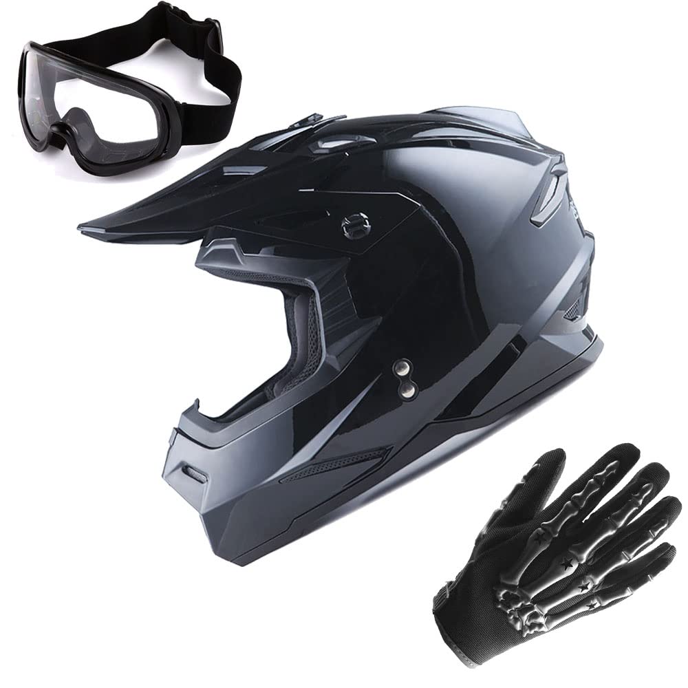 1Storm Motocross Adult Helmet Bmx Mx Atv Dirt Bike Helmet Glossy Black + Goggles + Skeleton Black Glove Bundle