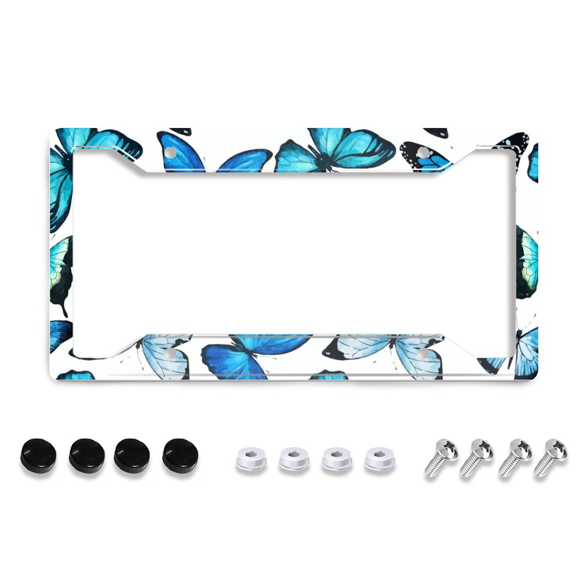 Blue Butterfly Pattern License Plate Frame Stainless Steels Car Tag Holder With 4 Holes And Screws Customized Decorative Frames