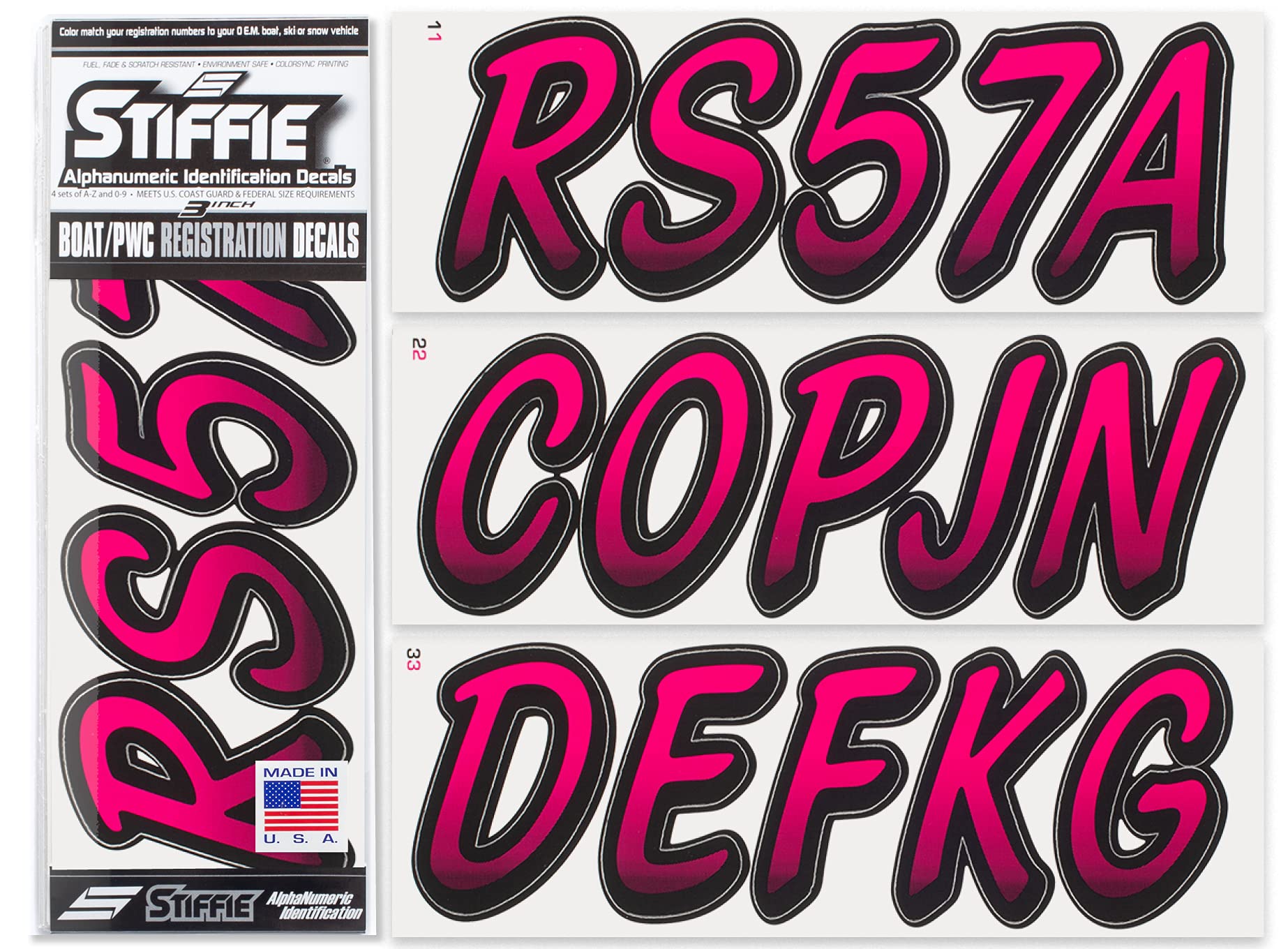 Stiffie Whipline Berry/Black 3 Alpha-Numeric Registration Identification Numbers Stickers Decals For Boats & Personal Watercraft