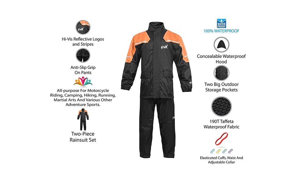 Hwk Motorcycle Rain Suit For Men And Women, Two-Piece Waterproof Motorcycle Rain Gear With Reflective Rain Jacket And Rain Pants For Weatherproof All-Season Riding, Hi-Vis Orange, 3X-Large