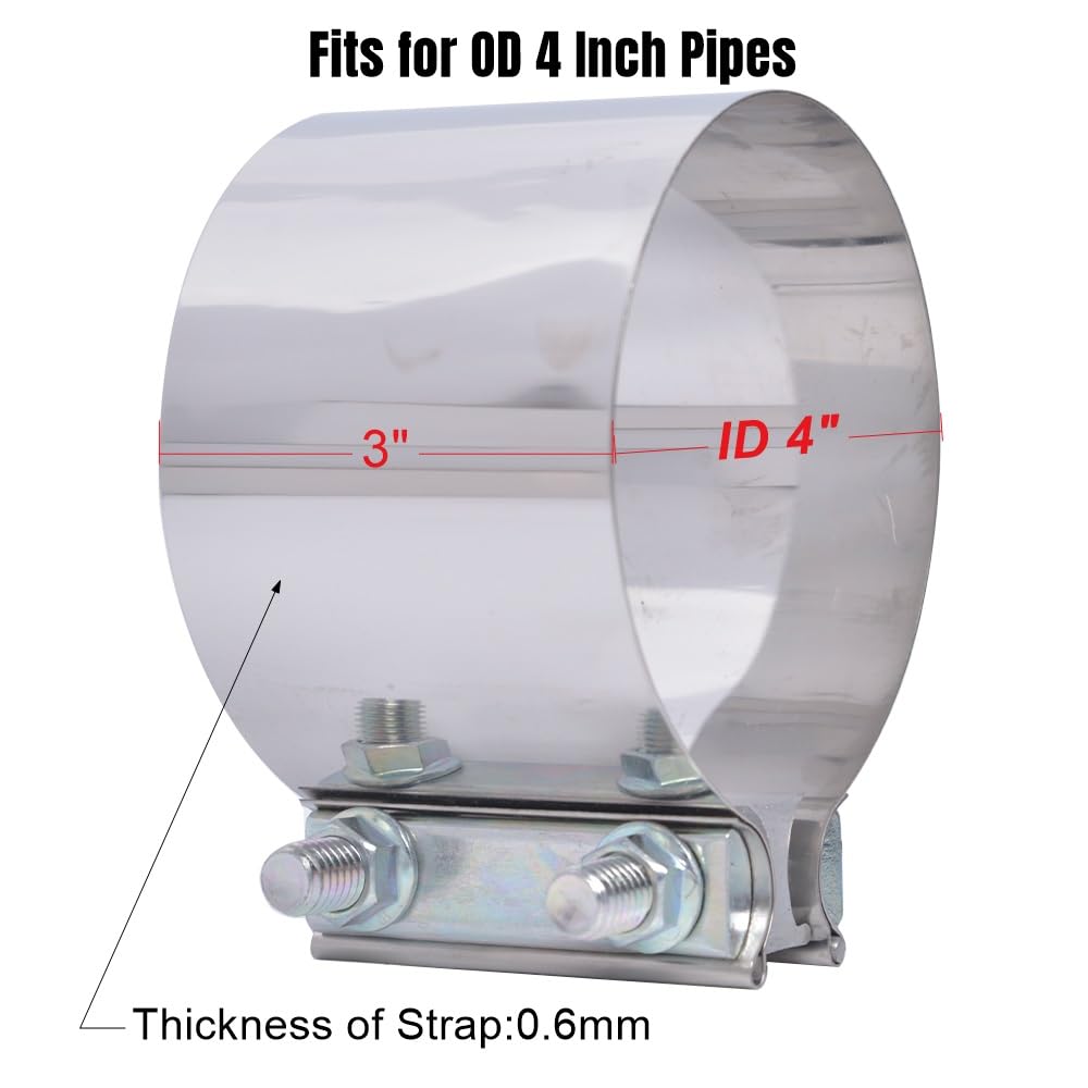 Elifecenter 4 inch Exhaust Clamps, 4'' Exhaust Lap Joint Butt Clamps, T304 Stainless Steel Band Clamp w/10.8 High Grade Bolts(2