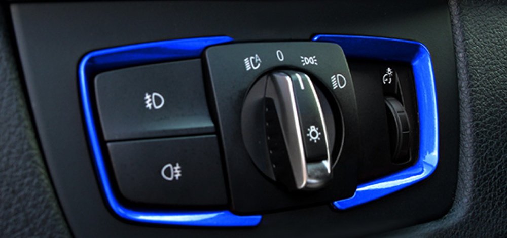 Ijdmtoy 2Pc Blue Light Switch Surrounding Decorative Trims Compatible With Bmw 2 3 4 Series X5 X6 (F22 F30 F31 F32 F33 F15 F16)