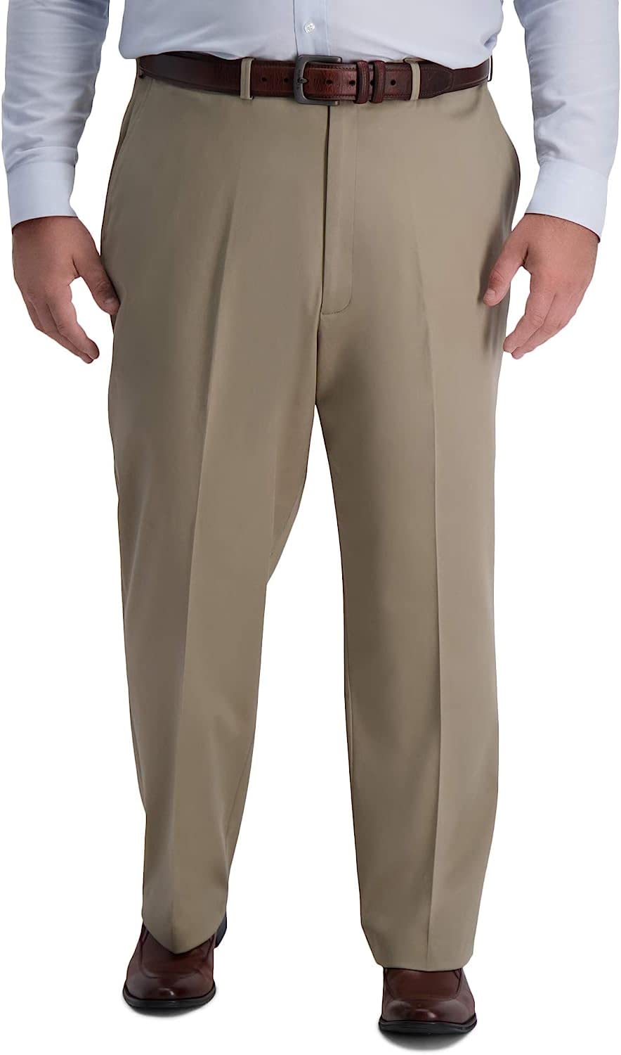 Haggar Mens Iron Free Premium Classic Fit Flat Front Expandable Waist Casual Pant Regular And Big  Tall Sizes, Med Khaki-Bt, 48W