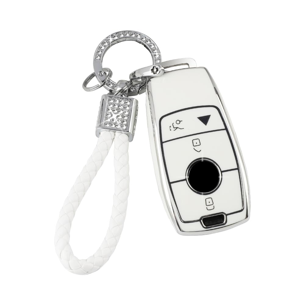 Pifoog White Key Fob Cover For Mercedes Benz Glc Gle Gla Glb Gls A C E G S Amg Class Accessories Soft Tpu Car Smart Keys Case Bling Keychain Full Protection Girly Women
