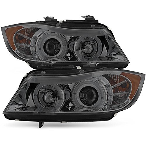 Akkon - For 06-08 Bmw E90 3-Series 4Doors Sedan Wagon Smoked Halogen Type Halo Ring Led Eye Lid Projector Headlights