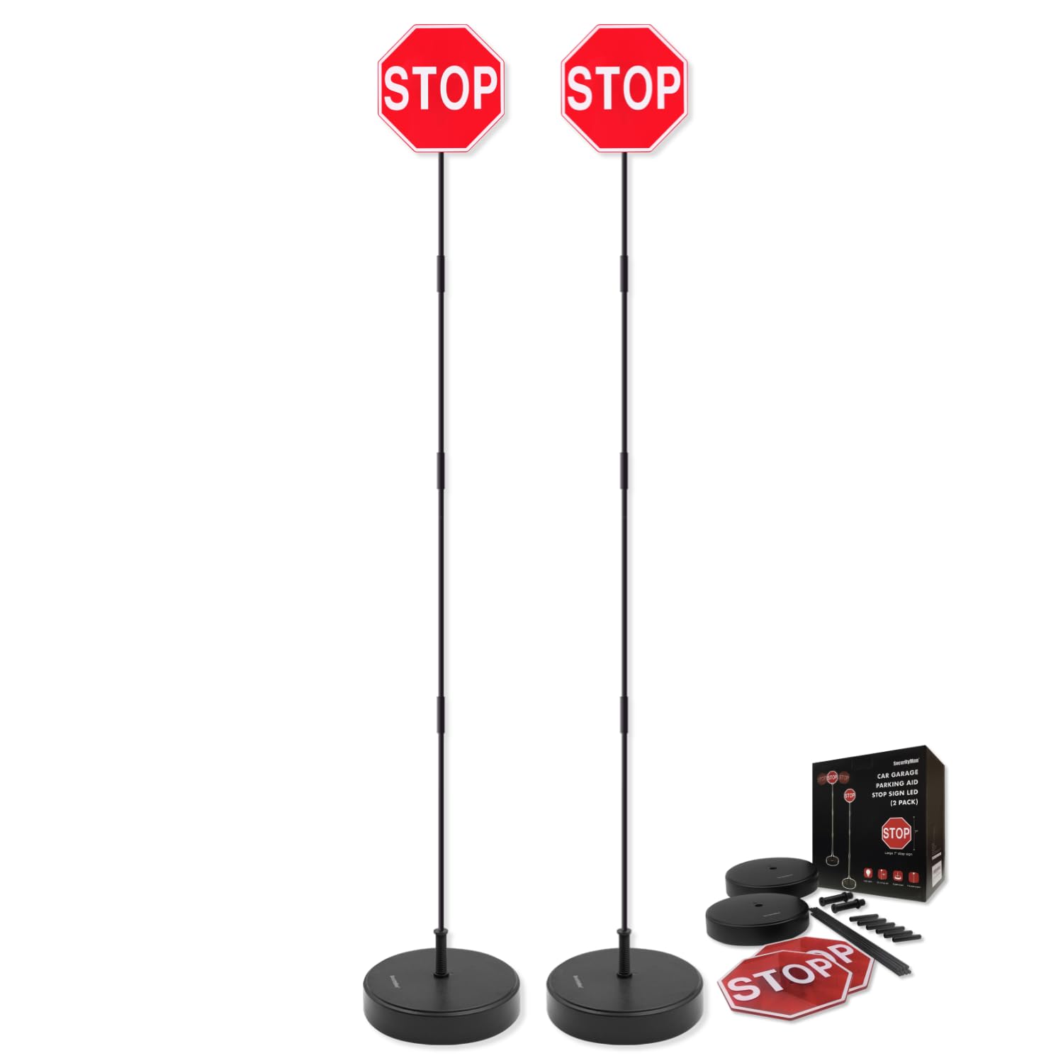 Securityman Led Stop Sign For Garage Parking Assist (2 Pack) - Stress Free - Large 7'' Sign, Bright Red Leds, Adjustable Height