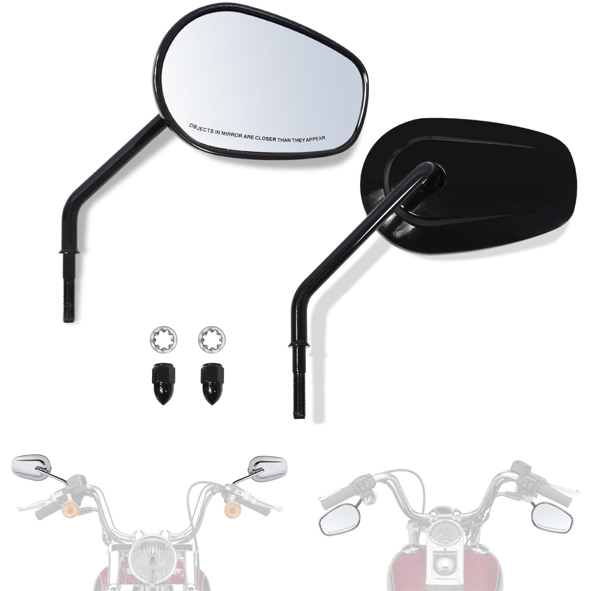 Fovplue Handlebar Mount Mirrors,Left & Right Side Long Stem Rearview Mirrors For 1982-2024 Harley Models,For Cvo Dyna Electra Glide Road Glide Road King Softail Street Glide Sportster 1200 883,Black