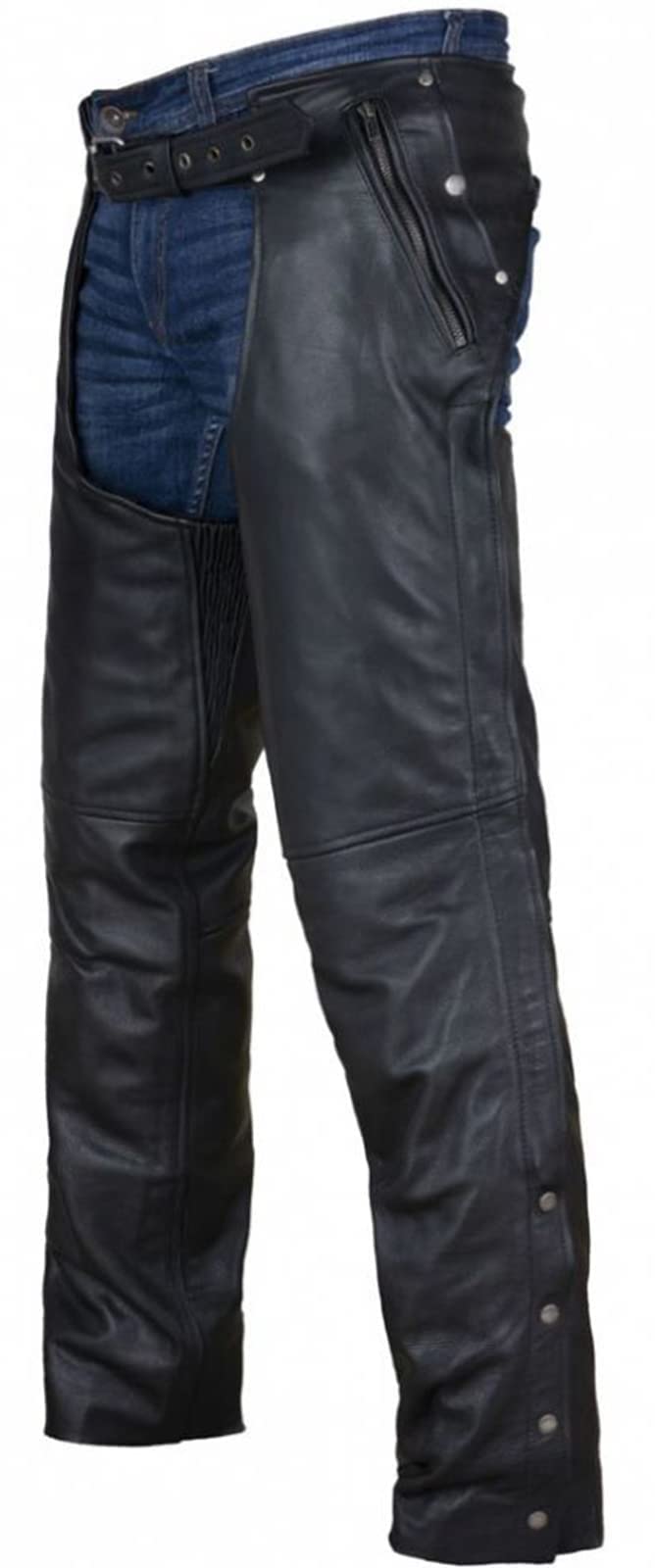 Black Motorcycle Leather Chaps For Men Women Riding With Zip Out Liner, Cowboy Biker Chap Pants With Four Deep Pockets, 2Xl