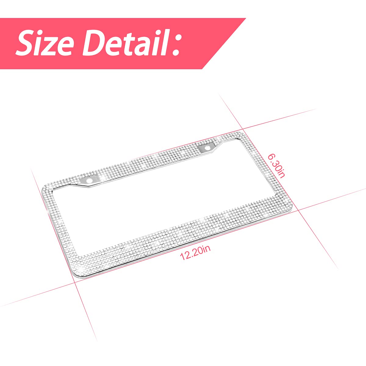 Bling Car License Plate Frame, Handcrafted Crystal Stainless Steel License Plate Frame, Sparkly, Durable, Universal Fit, Car Accessories For Girls, Women (White)