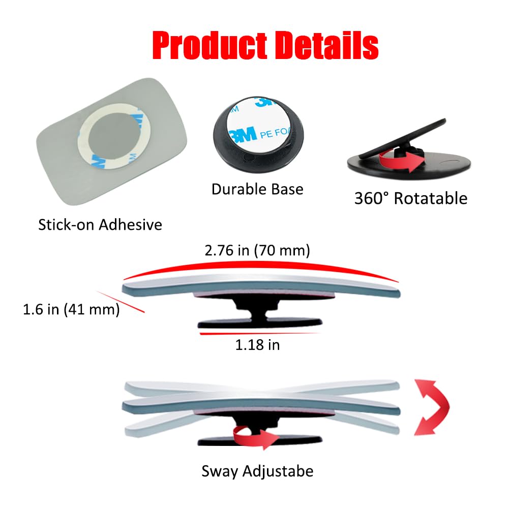Ampper Rectangular Blind Spot Mirror, Hd Glass Frameless Stick On Adjustabe Convex Wide Angle Rear View Blind Spot Car Mirror Fo