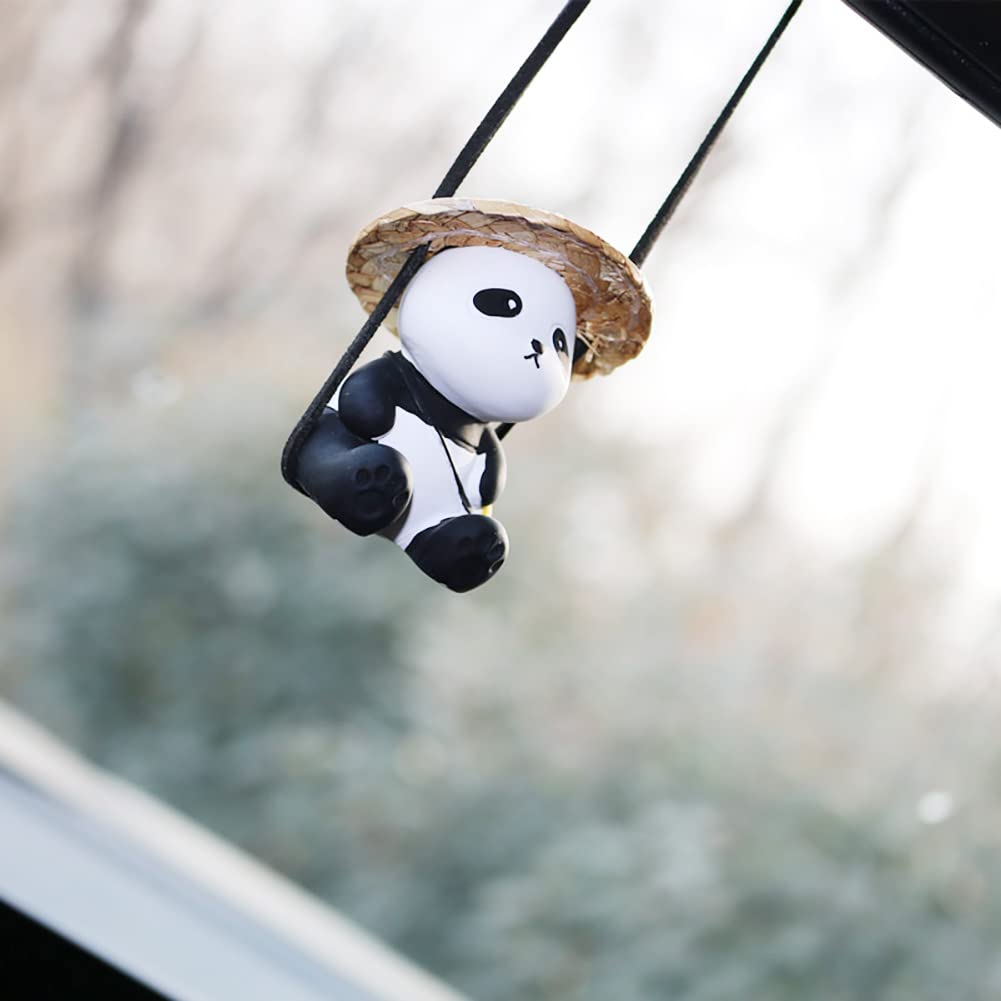 Amioro Cute Swinging Panda Car Mirror Accessories Fun Interior Rearview Mirrors Decorations (Hat Panda)