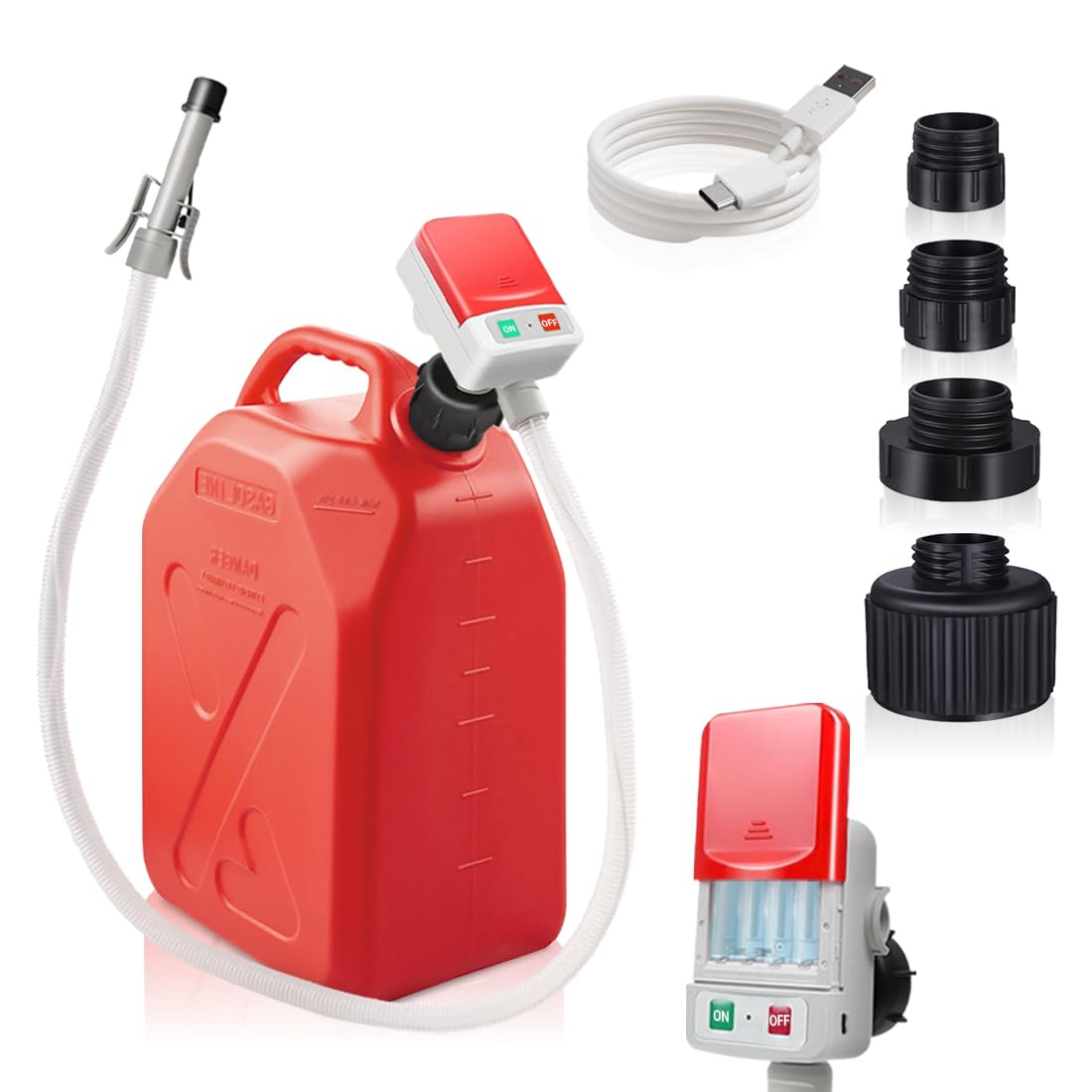 HiNADA Auto-Stop Fuel Transfer Pump - USB Type-C or Battery Power, Portable 3.2 GPM with 51'' Extra Long Hose, 4 Can Adapters & 