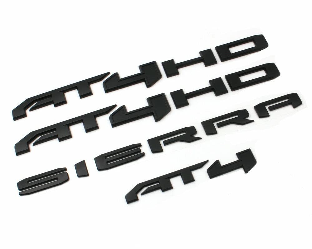 4Pcs At4 Hd Emblem Sierra Letters 3D Side Door Rear Tailgate Badge Sticker Decal Nameplate 85002068 Replacement For Sierra 1500 2500Hd 3500Hd Canyon (Matte Black)