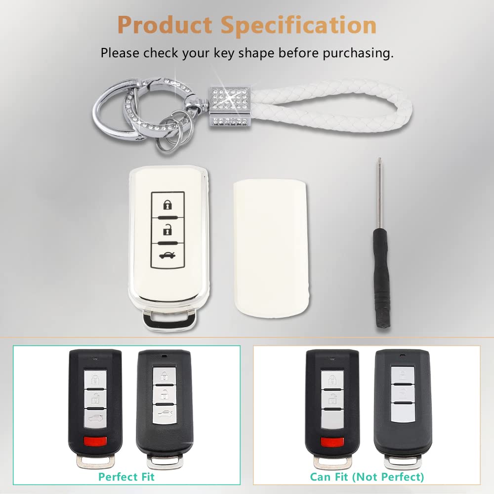 Pifoog Key Fob Cover For Mitsubishi Lancer Outlander Mirage Accessories Soft Tpu 3 Buttons Smart Keys Case Shell Protector Glitter Keychain Girl Women White Silver