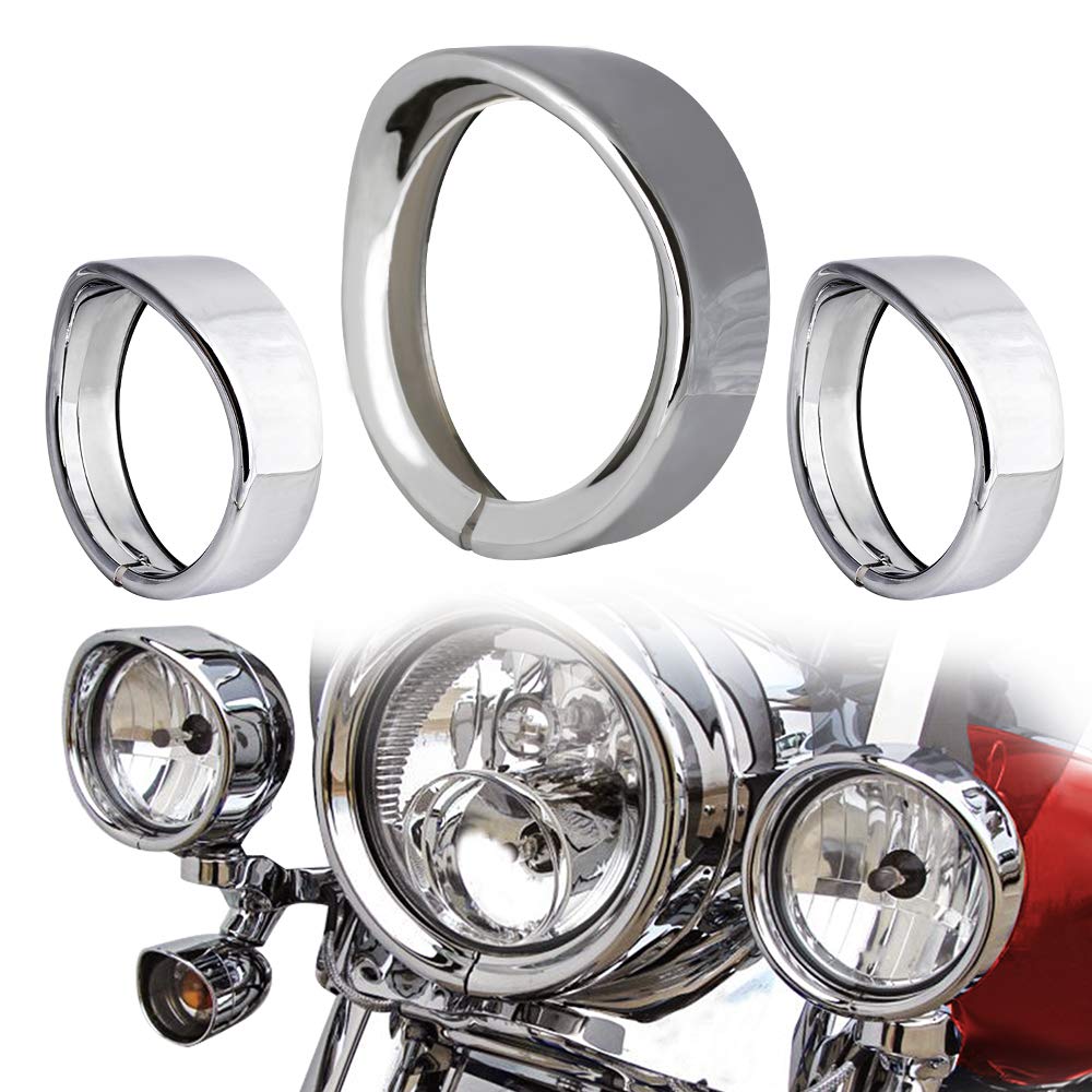 Nthreeauto Chrome Motorcycle Lights Frenched Ring Kit Compatible With Harley, 7 Headlight Trim Ring Decorate Visor + 4 1/2 Fog Light Trim Ring Decorate Visor(Chrome)