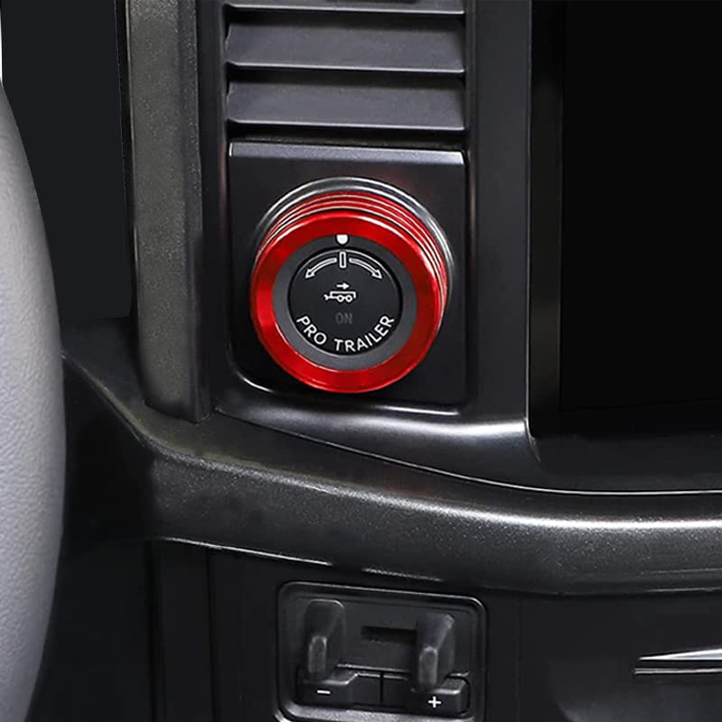 Keptrim For Ford F150 2021 2022 2023 Knob Air Conditioner Switch & Trailer & 4Wd & Vol & Headlight Button Ring Trim, Red Aluminum, 7Pcs