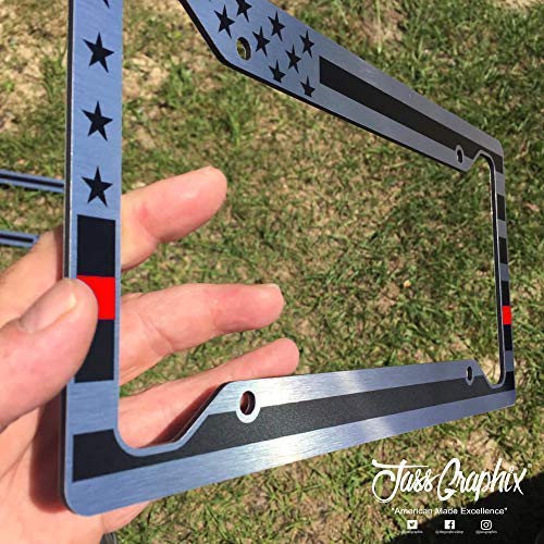 Heavy Duty Thin Red Line American Flag License Plate Frame Matte Black On Brushed Aluminum Composite