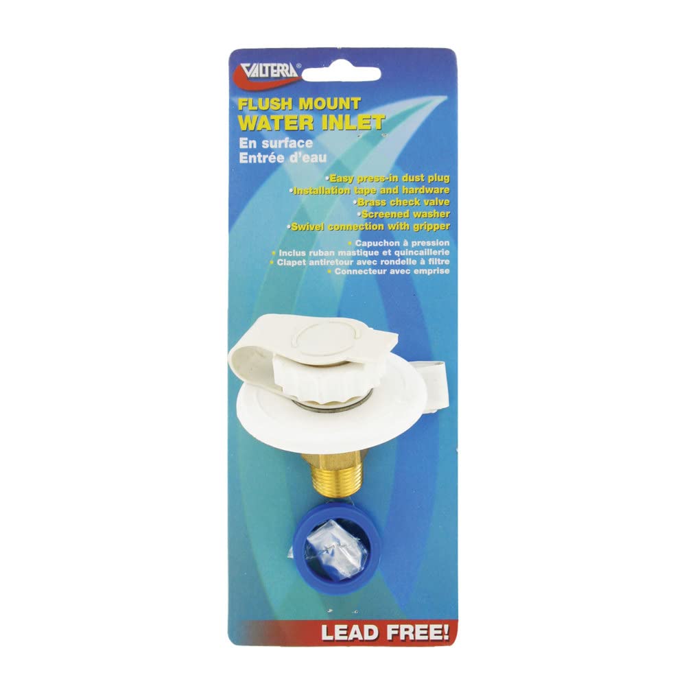 Valterra A01-0170LFVP Flush-Mount Water Inlet - MPT, 2-3/4' Flange, Brass, White (Carded)