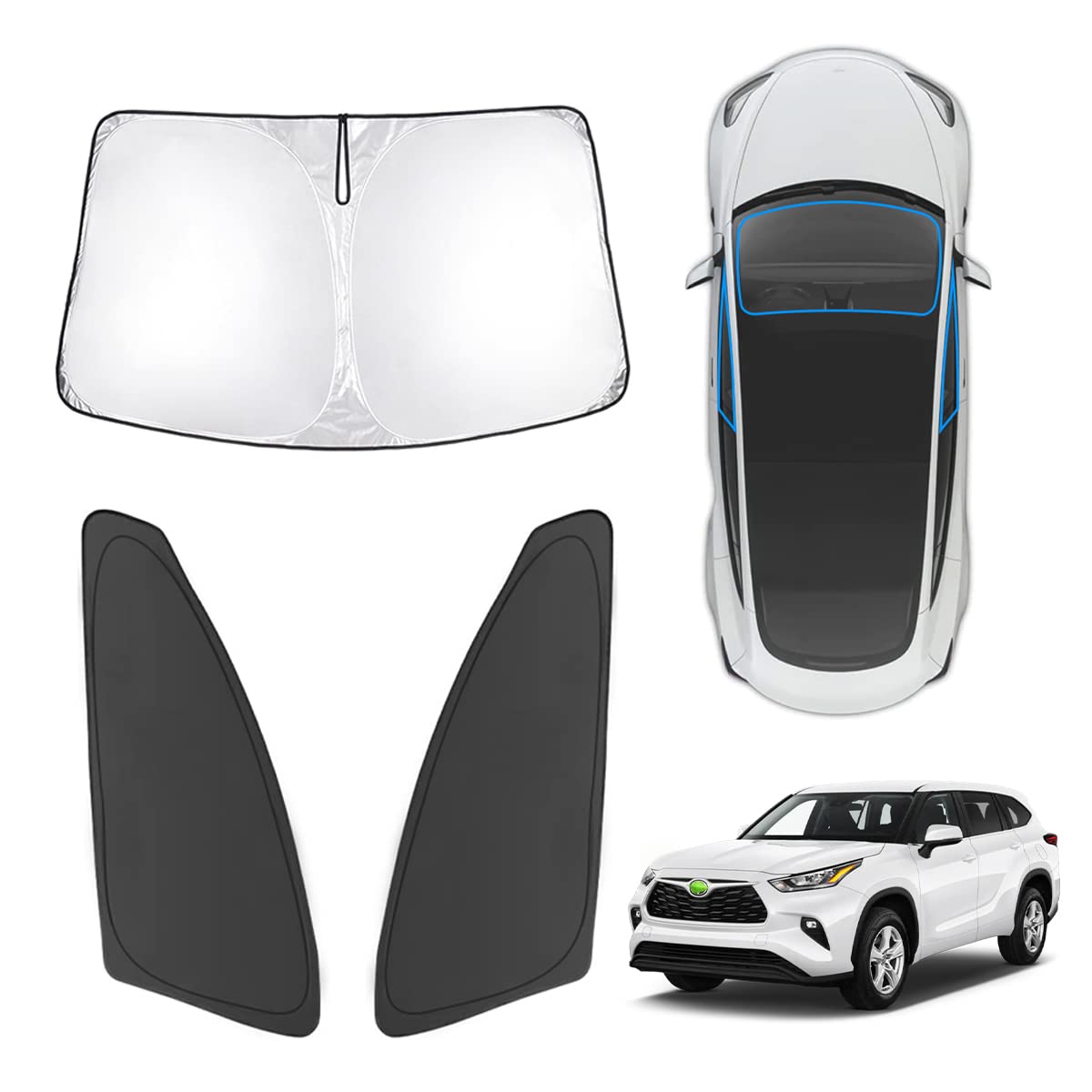 Karltys 3Pcs Windshield Sun Shade For 2020-2025 Toyota Highlander, Front And Side Window Sunshade Custom Fit Highlander, Foldabl