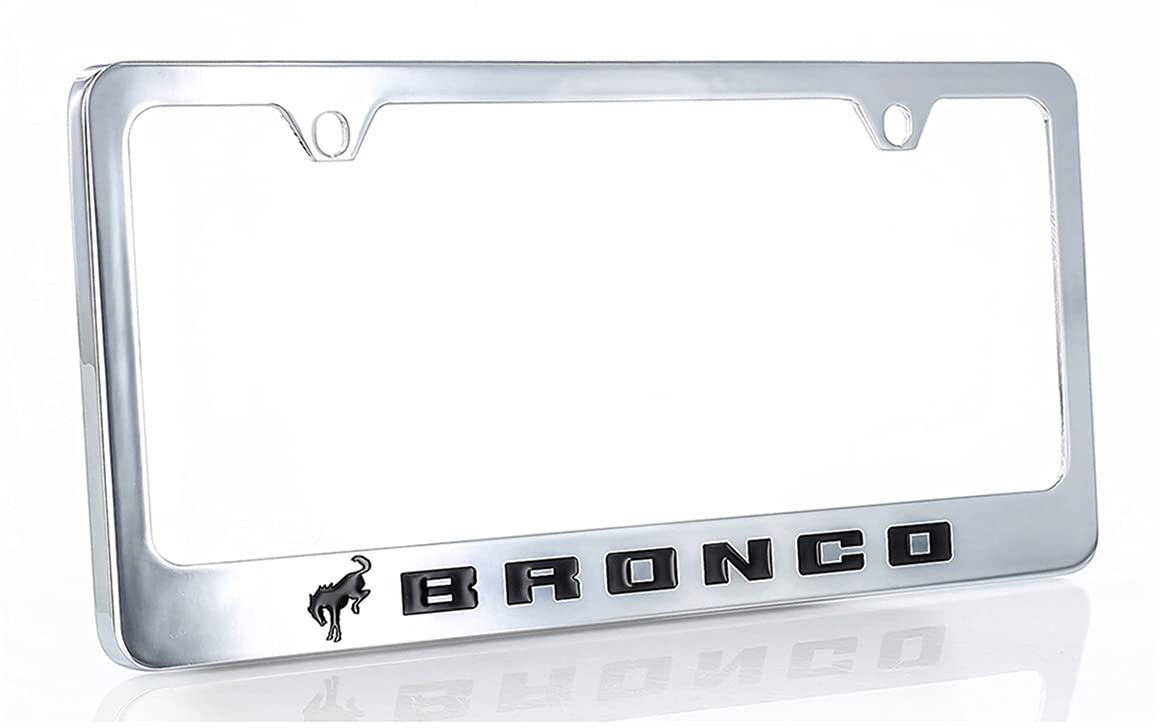Ford Bronco Metal License Plate Frame Tag Holder - Chrome With Black