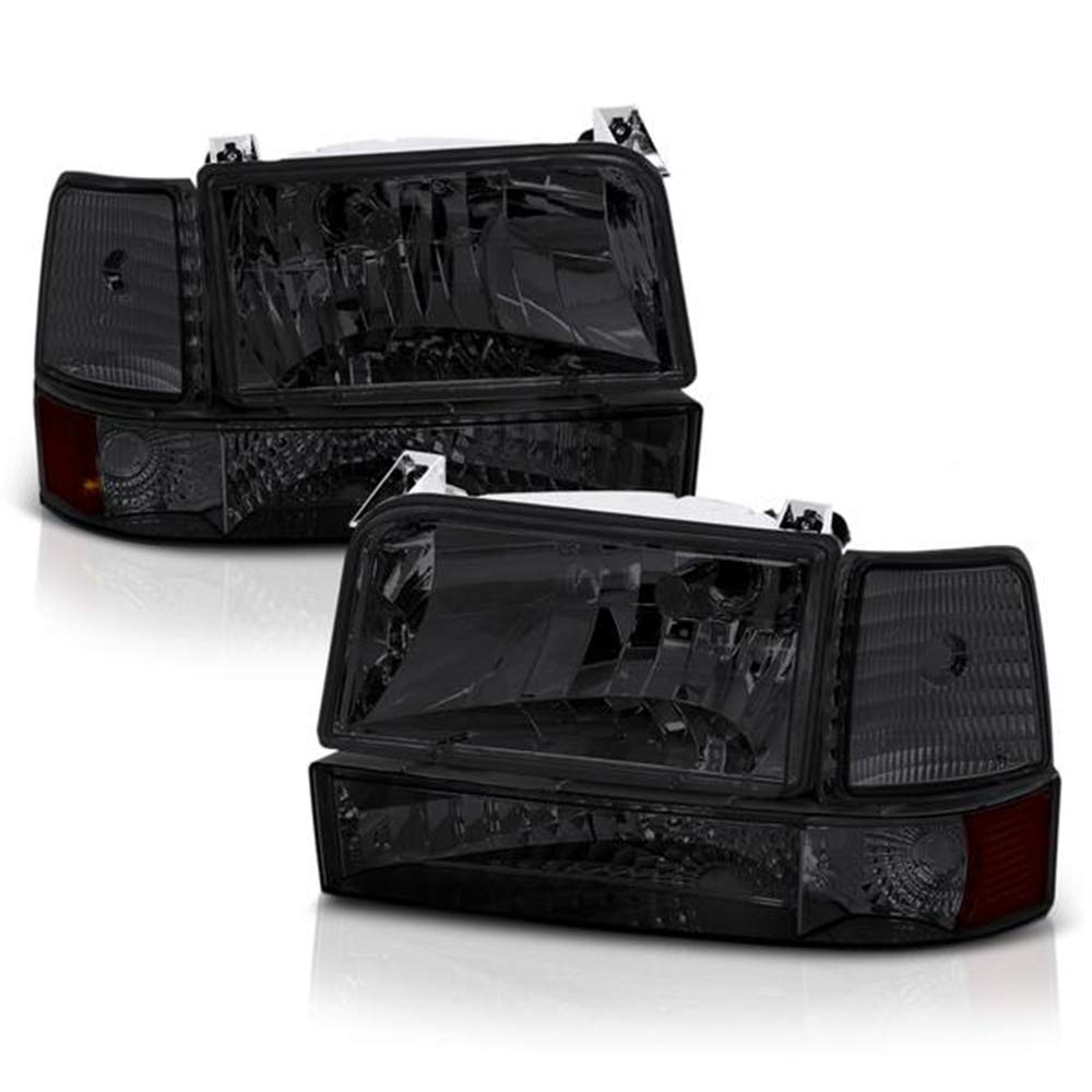 Acanii - For Black Smoked 1992-1996 F150 F250 Bronco Headlights +Bumper+Corner Lamps 92-96 Driver + Passenger Side