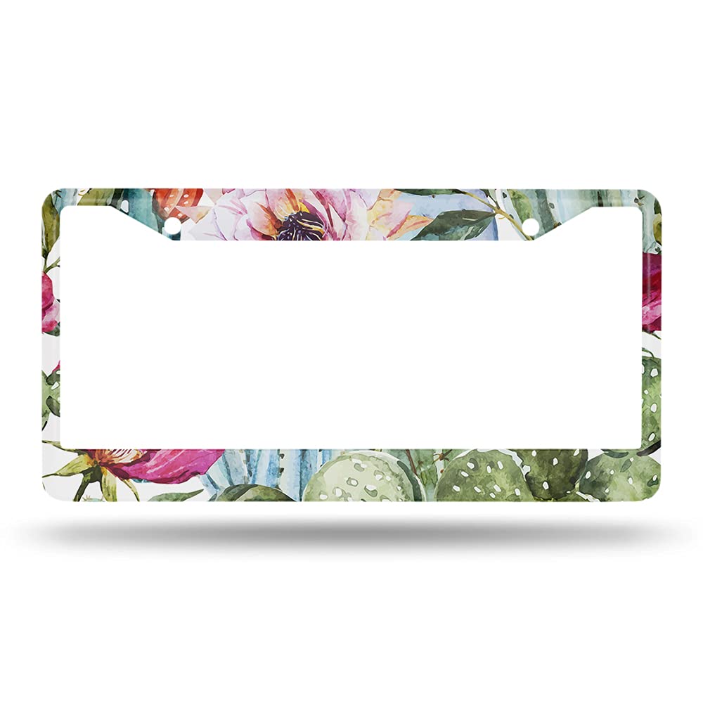 Beabes Watercolor Catus License Plate Frame Pink Flower Tropical License Plate Holder Cactus Summer Car Tag Frame License Plate