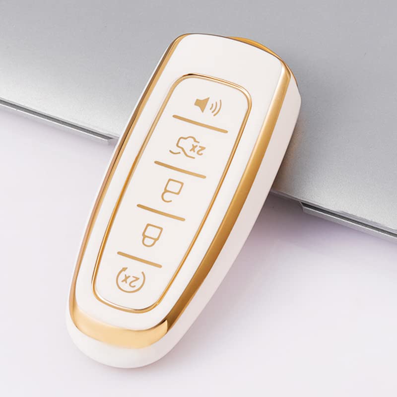 Ollen Tpu Key Fob Cover Fit For Ford C-Max Edge Escape Expedition Explorer Flex Focus Taurus Lincoln Mks Mkt Mkx Navigator, Full Protection Soft Tpu Key Case, With Bling Key Ring, White
