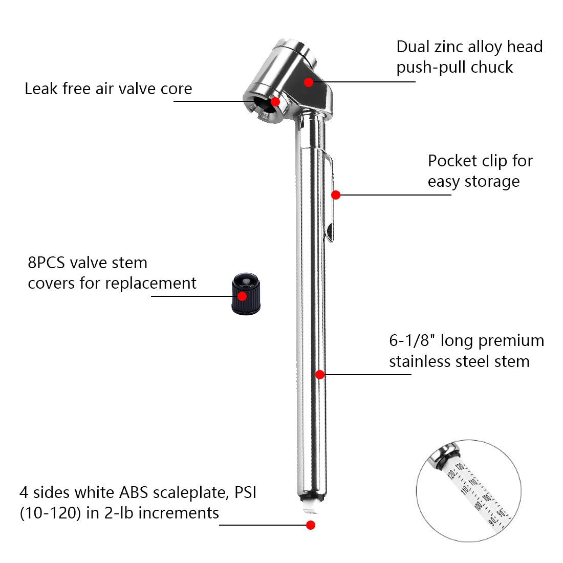 Czc Auto Tire Pressure Gauge Heavy Duty Dual Head Mechanical Air Gauge Stainless Steel Stem For Car Rv Atv Truck Motorcycle Bike, 10-120Psi (5 Pack)