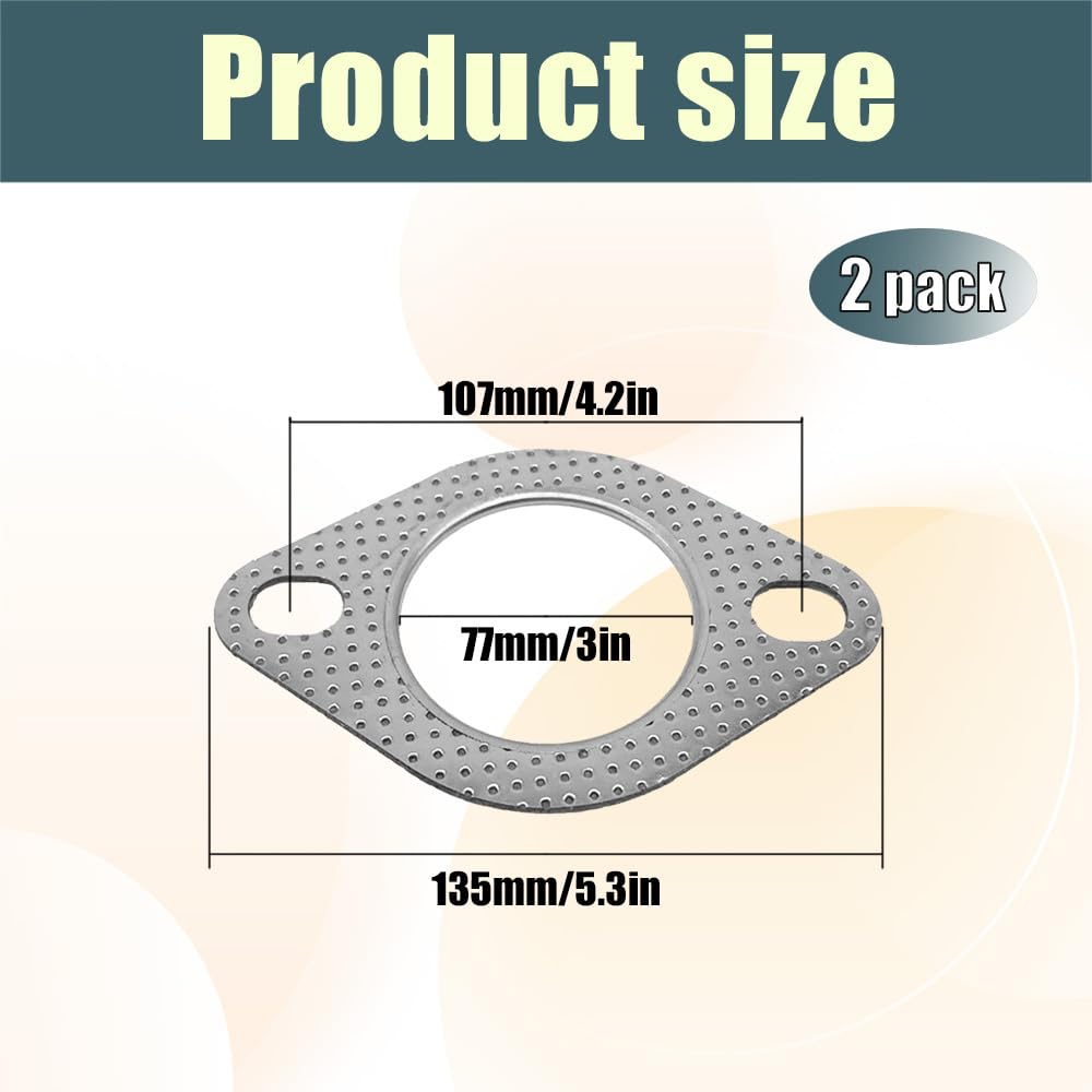 Kutyun 2PCS Car Exhaust Gasket, Exhaust Pipe Gasket, 2-Bolt 3'' Standard Exhaust Manifold Gasket, Ultra Seal Exhaust Flange Gask