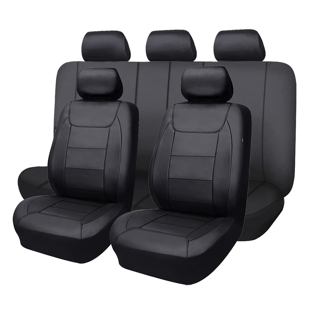 Flying Banner Car Seat Covers Protects Water Proof Faux Leather Carbon Fiber Front And Rear Bench (Black Black, Full Set - 9Pcs)