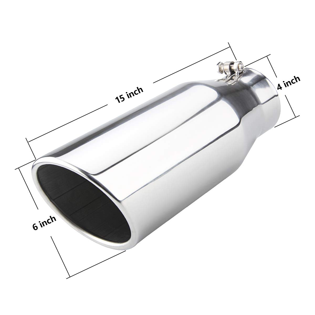 LCGP Bolt On Diesel Exhaust Tip 4'', 6'' outlet 15'' Long Truck Tip, Rolled Angle Cut, Polished