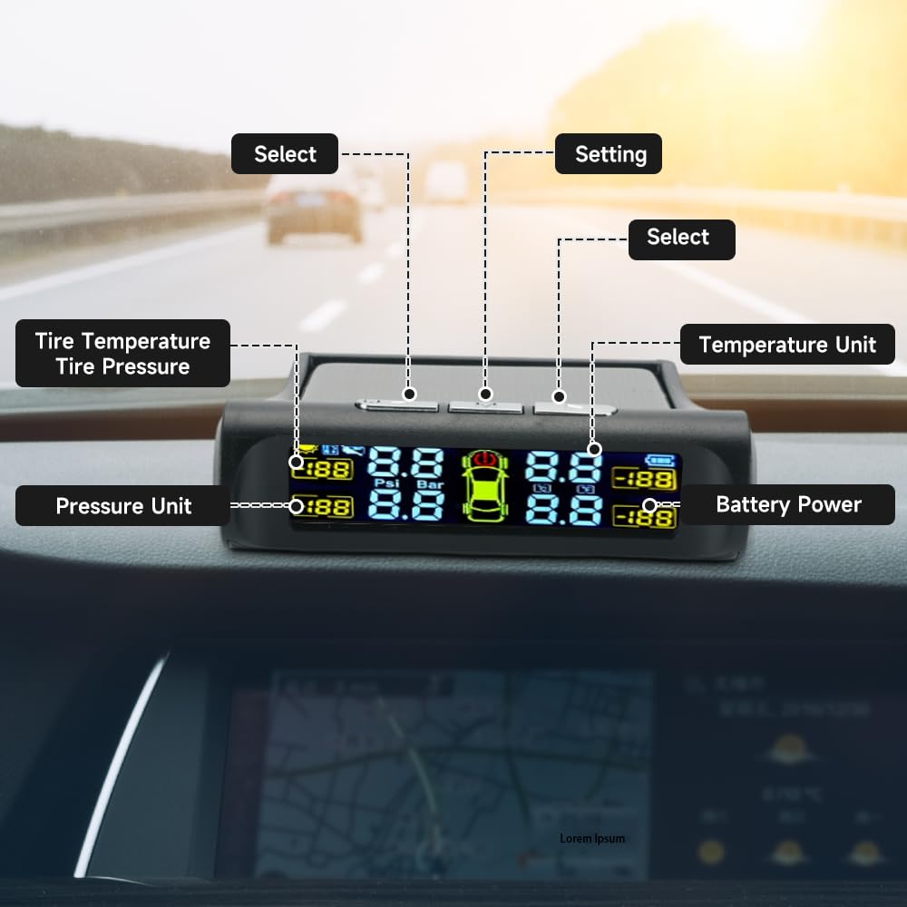 Tire Pressure Monitoring System Wireless Solar Power and USB Charger Monitor, Colorful LCD Display, TPMS with 4 Sensors & 5 Alar