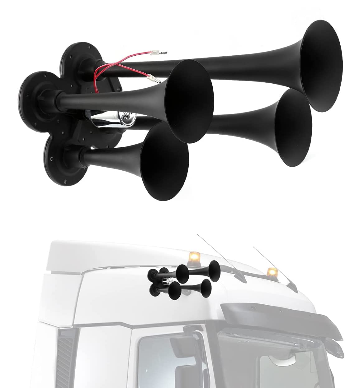 ALAVENTE 4 Trumpet Air Horn Powerful Loud Universal 12V / 24V 150DB 4-trumpet Air Train Horn for Car Truck Lorry Boat SUV Motorc