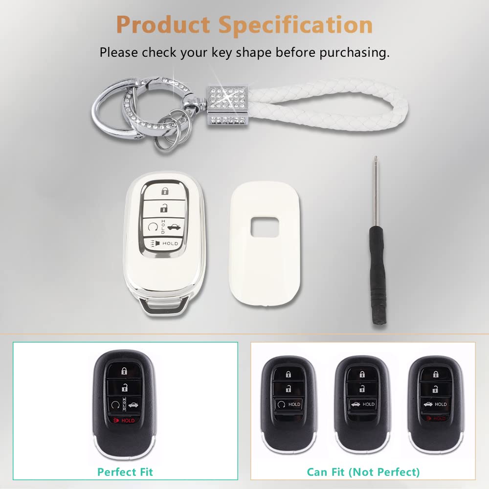 Pifoog Car Key Cover For Honda Civic 2022 Accessories Tpu Soft Keys Fob Shell Case 5 - Button Car Smart Keyless Entry Covers Glittering Keychain White Silver Girly Women