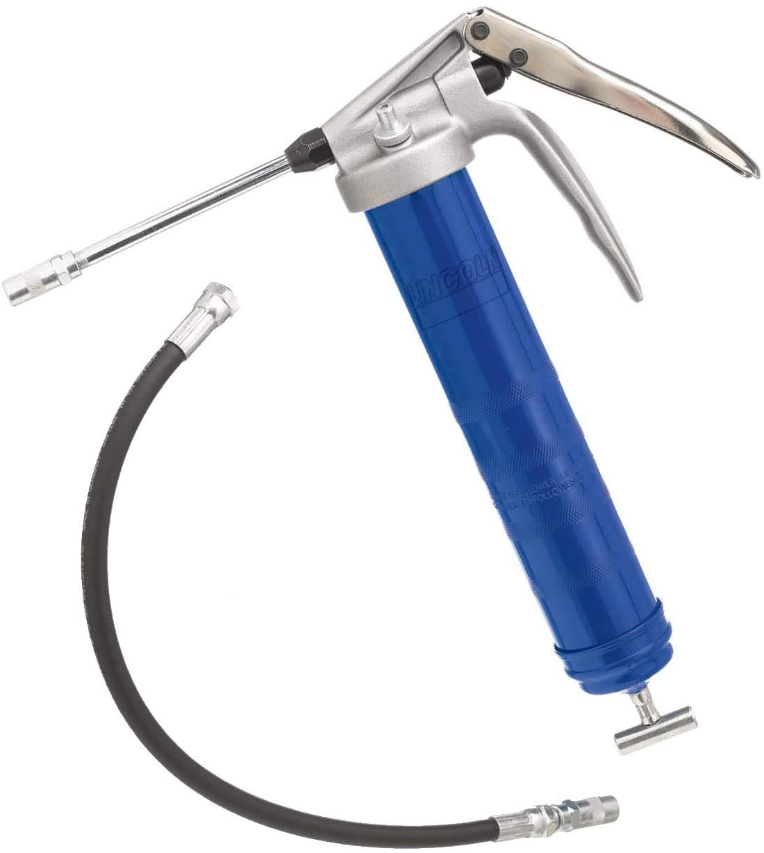 Lincoln 1134 Pistol Grip Grease Gun with 18 Whip Flex Hose and Coupler, 6 Rigid Extension, 7,500 PSI, Premium Dual Lip Follo