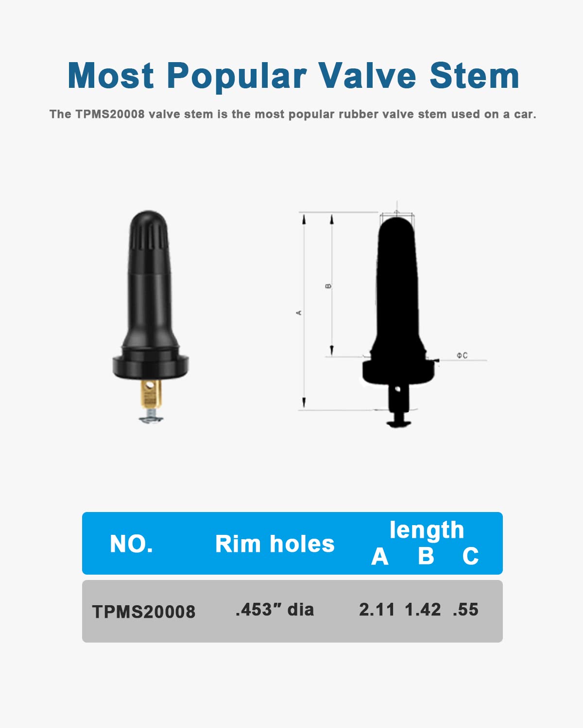 Riseuvo 5pcs TPMS 20008 Sensor Valve Stem - Rubber Snap-in Valves, Tubeless Valve Stems 0.453 inch Rim Holes Replacement for Sta