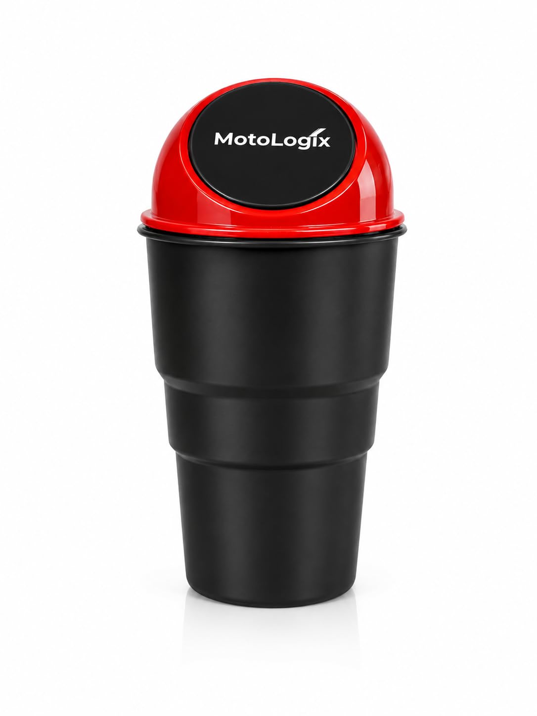 MotoLogix Car Cup Holder Trash Can with Swing Lid, Black and Red