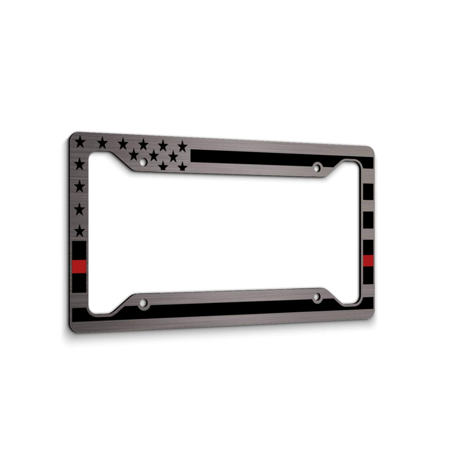 Heavy Duty Thin Red Line American Flag License Plate Frame Matte Black On Brushed Aluminum Composite