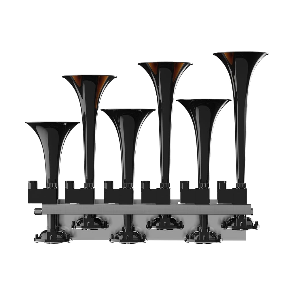 BASURI® Musical Air Horn - 12/24 Volt, 130 DB, Baby Shark 2.0, 6 Trumpets, Black & Yellow, Turbo Controller for Trucks & Buses