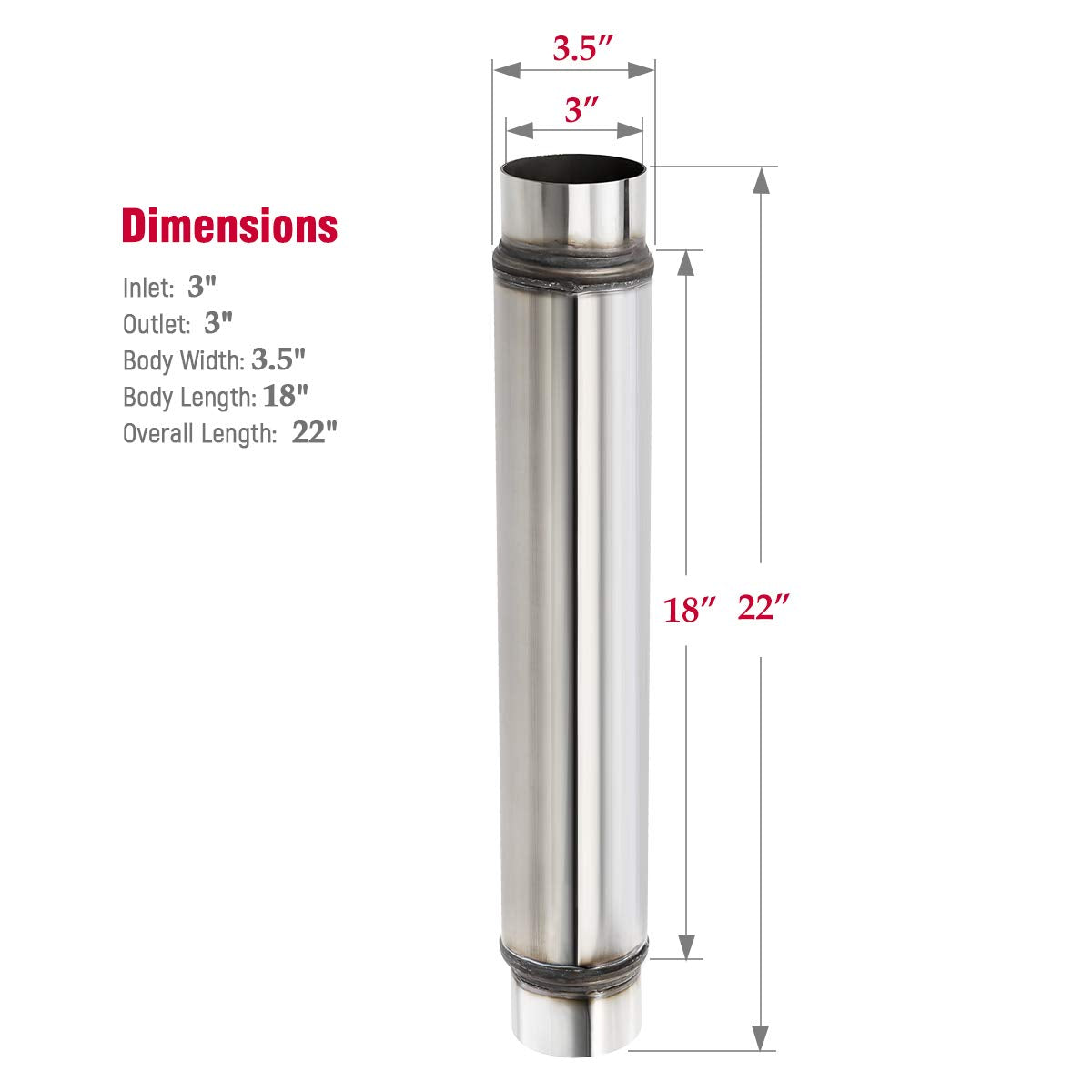 Upower 3 Inch Inlet/Outlet Exhaust Muffler, 3'' Inlet Resonator with 18'' Length Overall Length 22'' Resonator Great Tone Univer