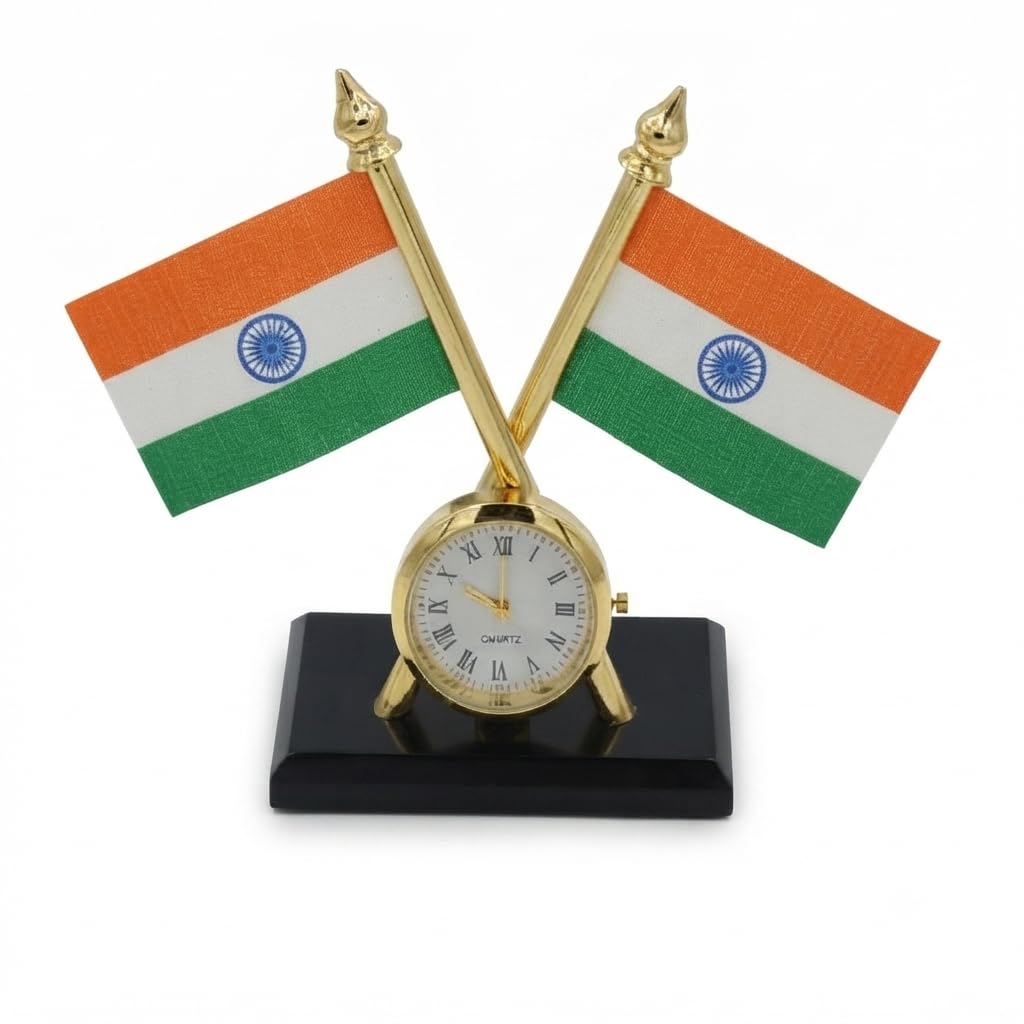 Aeroparts Bike Indian Flag With Quartz Watch On Rectangular Golden Metal Base Stand For Car Dashboard Office Gift Purpose GsxR1