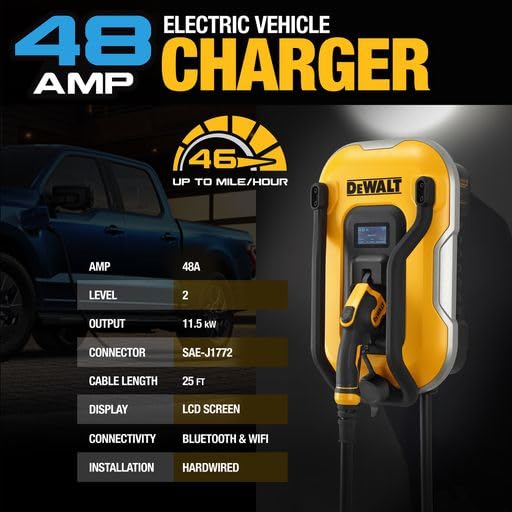 DEWALT Electric Vehicle Level 2 EV Charger up to 48 Amps 240V, App Control Bluetooth & Wi-Fi, CSA Certified Indoor/Outdoor Hardw