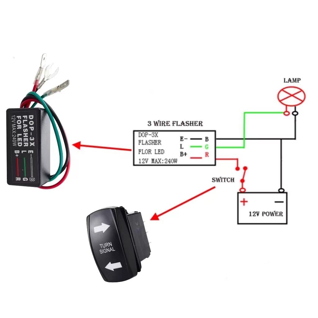 Universal Turn Signal Rocker Switch with Flasher Green LED On/Off/On Kit for ATV UTV RV Off-Road Pickup Tractor Boat Motorcycle