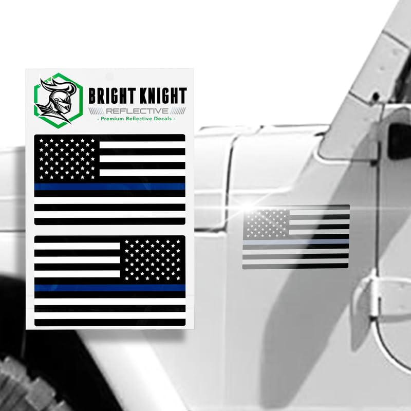 Bright Knight Reflective Flag Sticker, 3'' X 5.75'' Blue American Flag Sticker Reflective Mirrored 1 Pair With Retro-Reflective