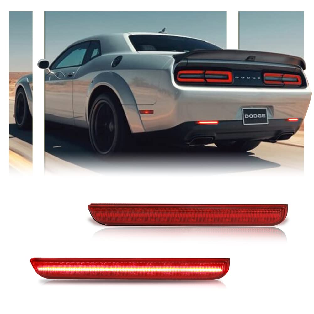 GSOWO 2 PCS LED Rear Bumper Reflector Lights for Dodge Challenger 2015-2022, Red Lens Red Tail Lamps, 80-SMD LED Chips Reflector